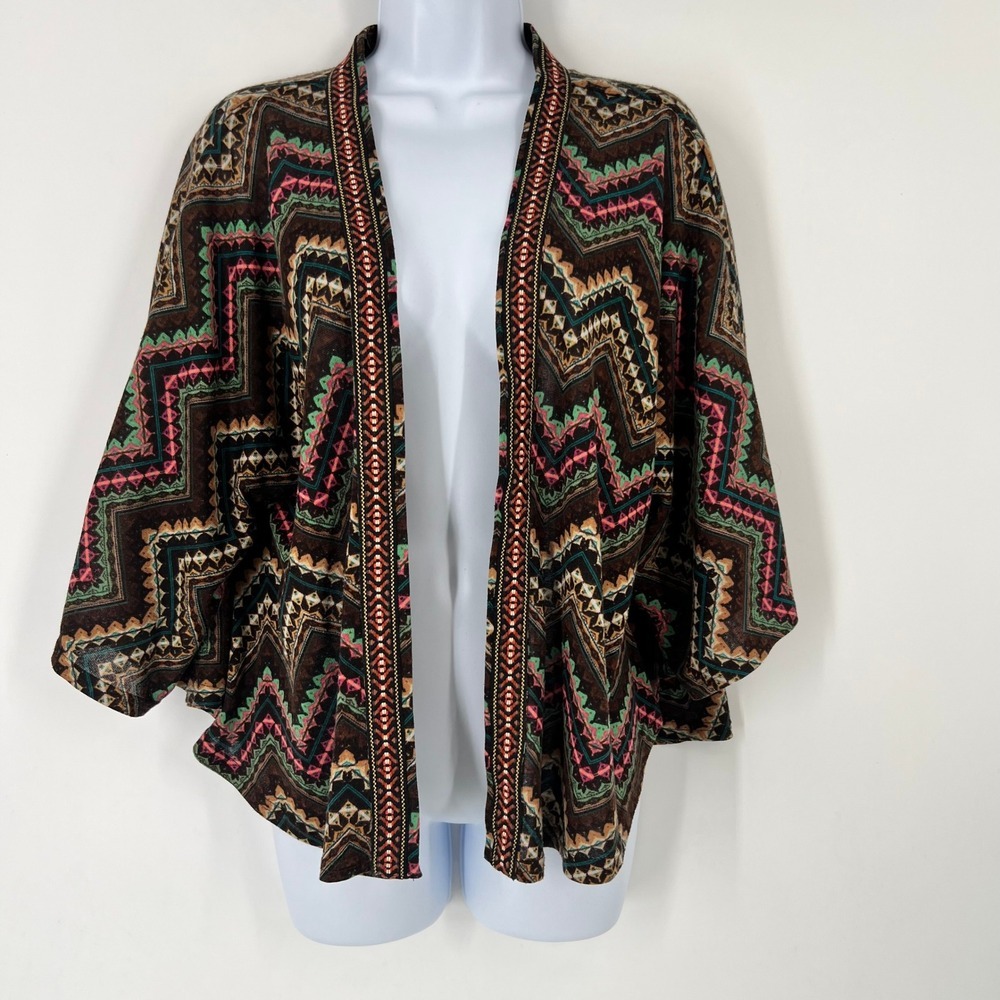 Ivy Jane Women M Chevron Geometric Open Front Kimono Cardigan Brown Multi